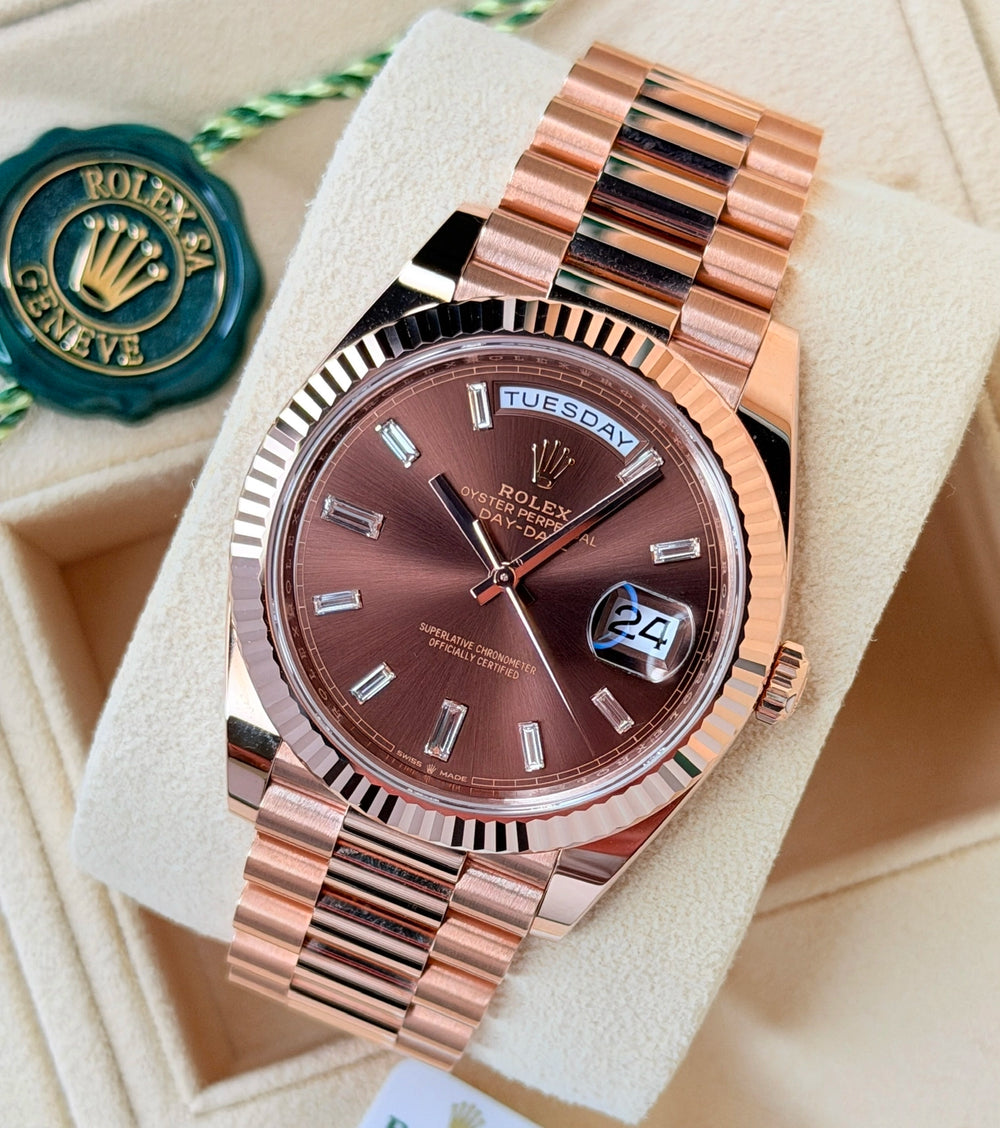 Rolex Day Date 40 Rose Gold Chocolate Baguette Diamonds Dial 2023