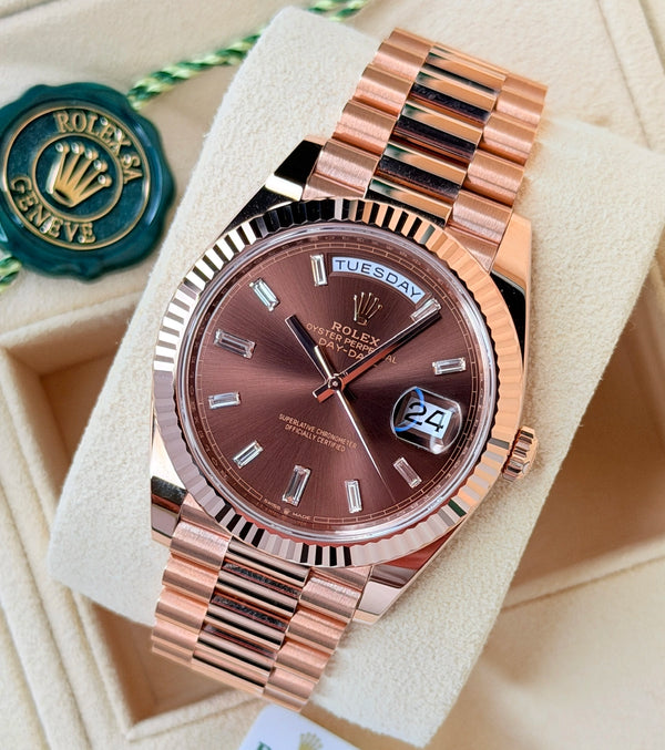 Rolex Day Date 40 Rose Gold Chocolate Baguette Diamonds Dial 2023
