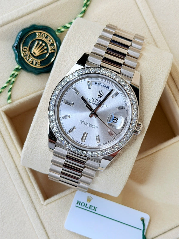 Rolex Day-Date 40 White Gold Silver Baguette Dial, Diamonds Bezel 2023