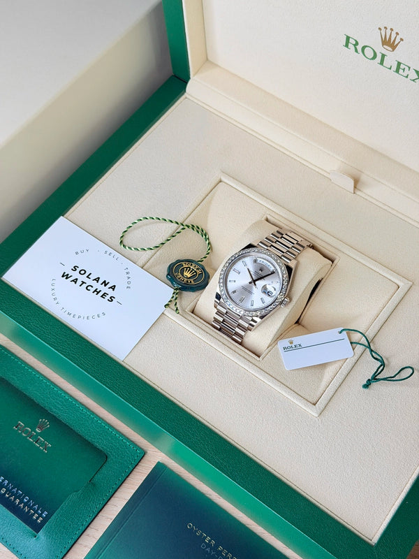 Rolex Day-Date 40 White Gold Silver Baguette Dial, Diamonds Bezel 2023