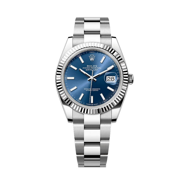 Rolex Datejust 41 with blue dial, fluted bezel, & Oyster bracelet