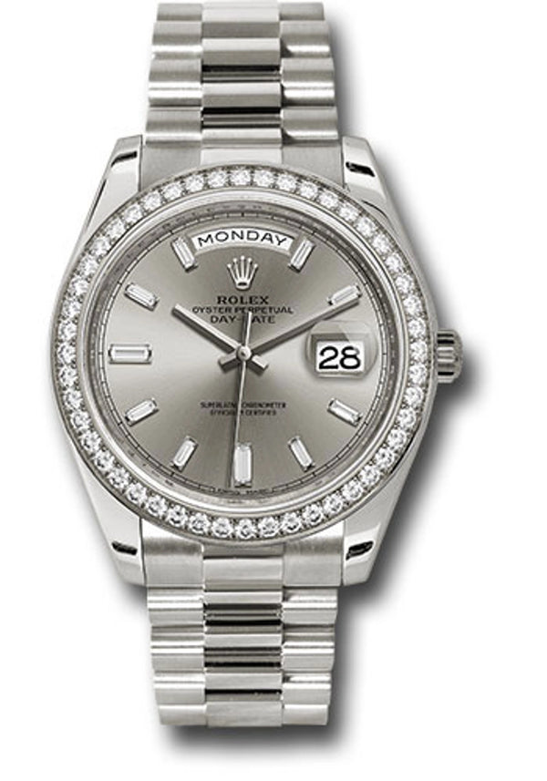 Rolex Day-Date 40 Silver Baguette Diamonds Bezel